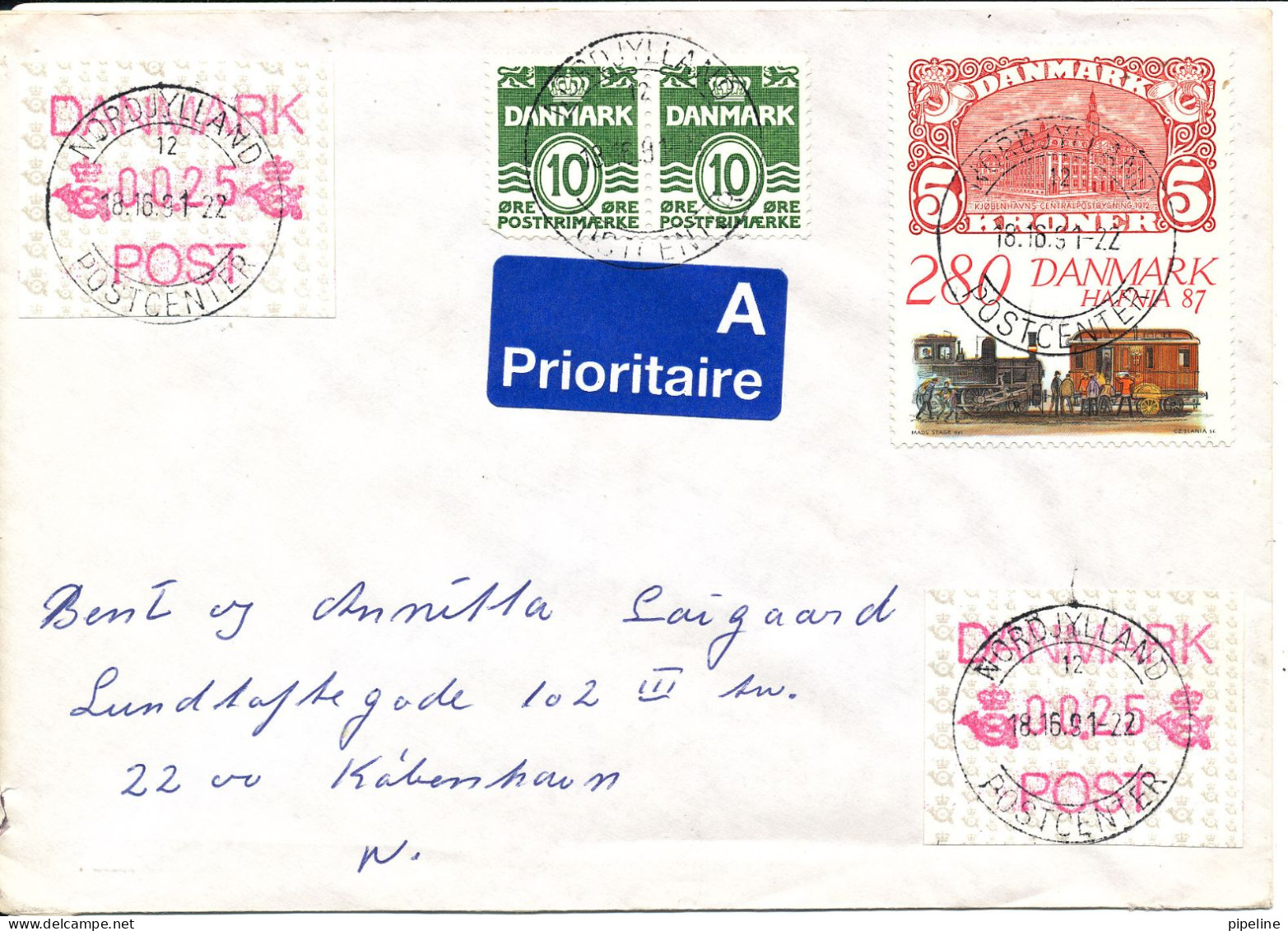 Denmark Cover With Stamps And FRAMA ATM Labels Nordjylland Postcenter 18-16-1991 (Yes 18-16-91) - Lettres & Documents