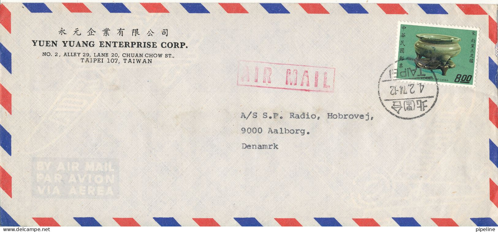 Taiwan Air Mail Cover Sent To Denmark 4-2-1974 Single Franked - Luchtpost