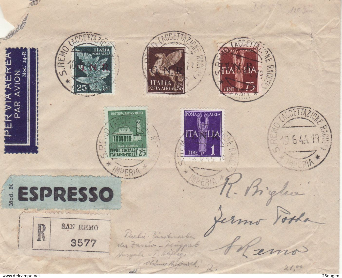 ITALY  1944 AIRMAIL R-Letter Sent From San Remo - Poste Aérienne