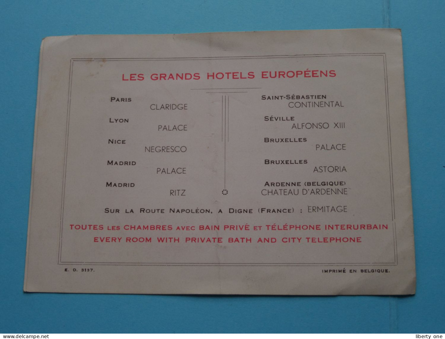PALACE Hotel BRUXELLES - Les Grands Hotels Européens ( Zie / Voir SCAN ) Depliant / Plier ( Imp. E. D. 3137 )! - Visitenkarten