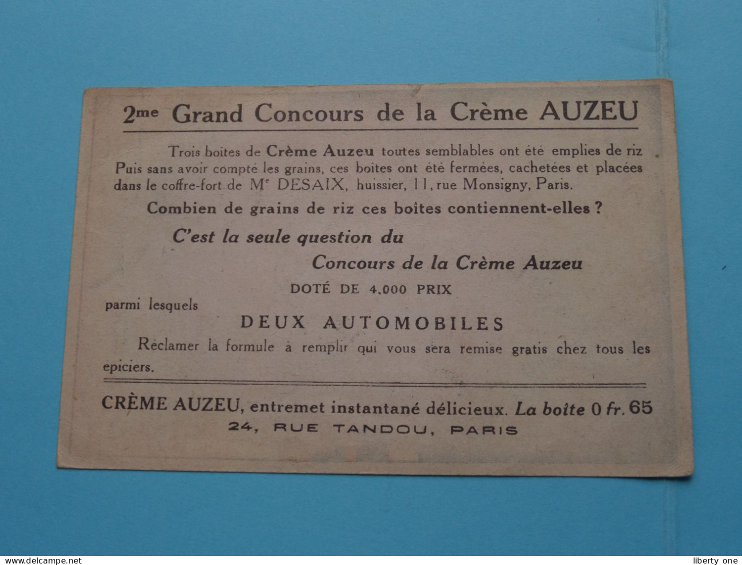 2me Grand Concours De La Crème AUZEU > 24 Rue Tandou PARIS ( Voir SCAN ) Format Carte +/- 13 X 8 Cm.! - Produits De Beauté