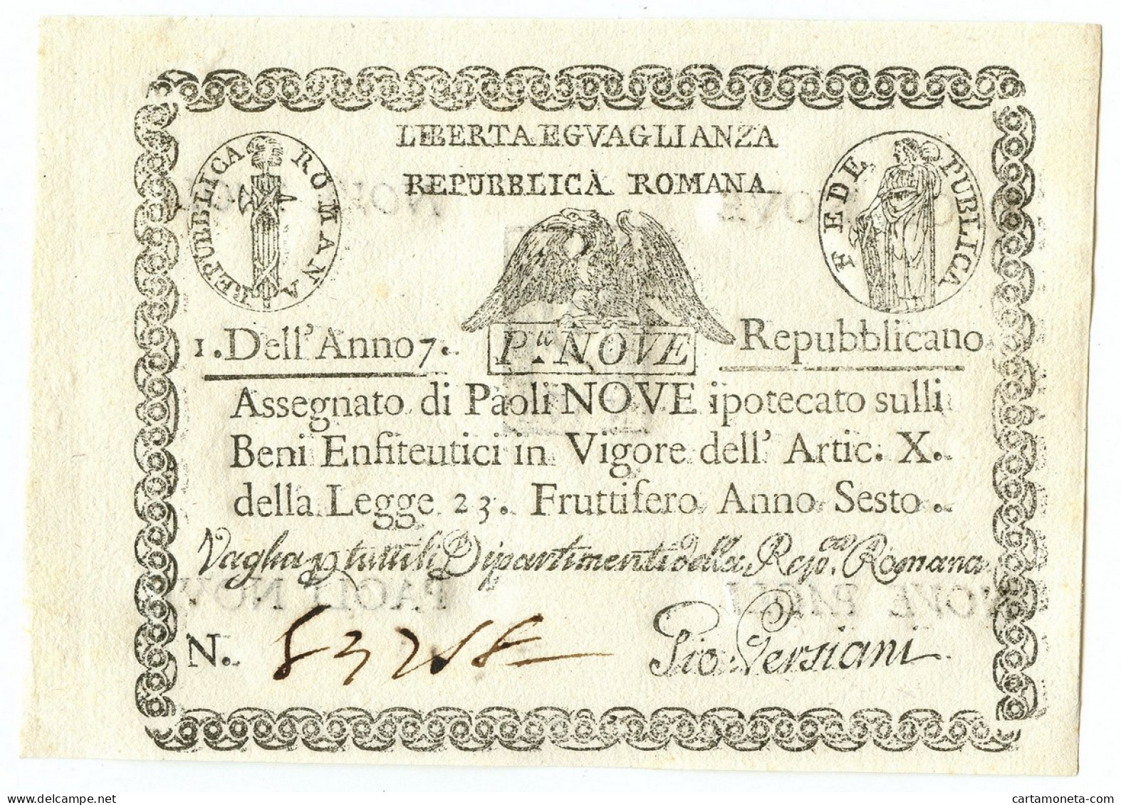 9 PAOLI ASSEGNATO STATO PONTIFICIO REPUBBLICA ROMANA DAL 09/09/1798 QFDS - Sonstige & Ohne Zuordnung