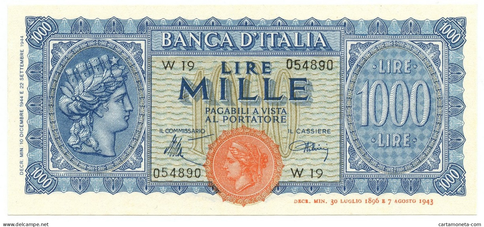 1000 LIRE ITALIA TURRITA TESTINA SERIE SOSTITUTIVA 10/12/1944 FDS - Sonstige