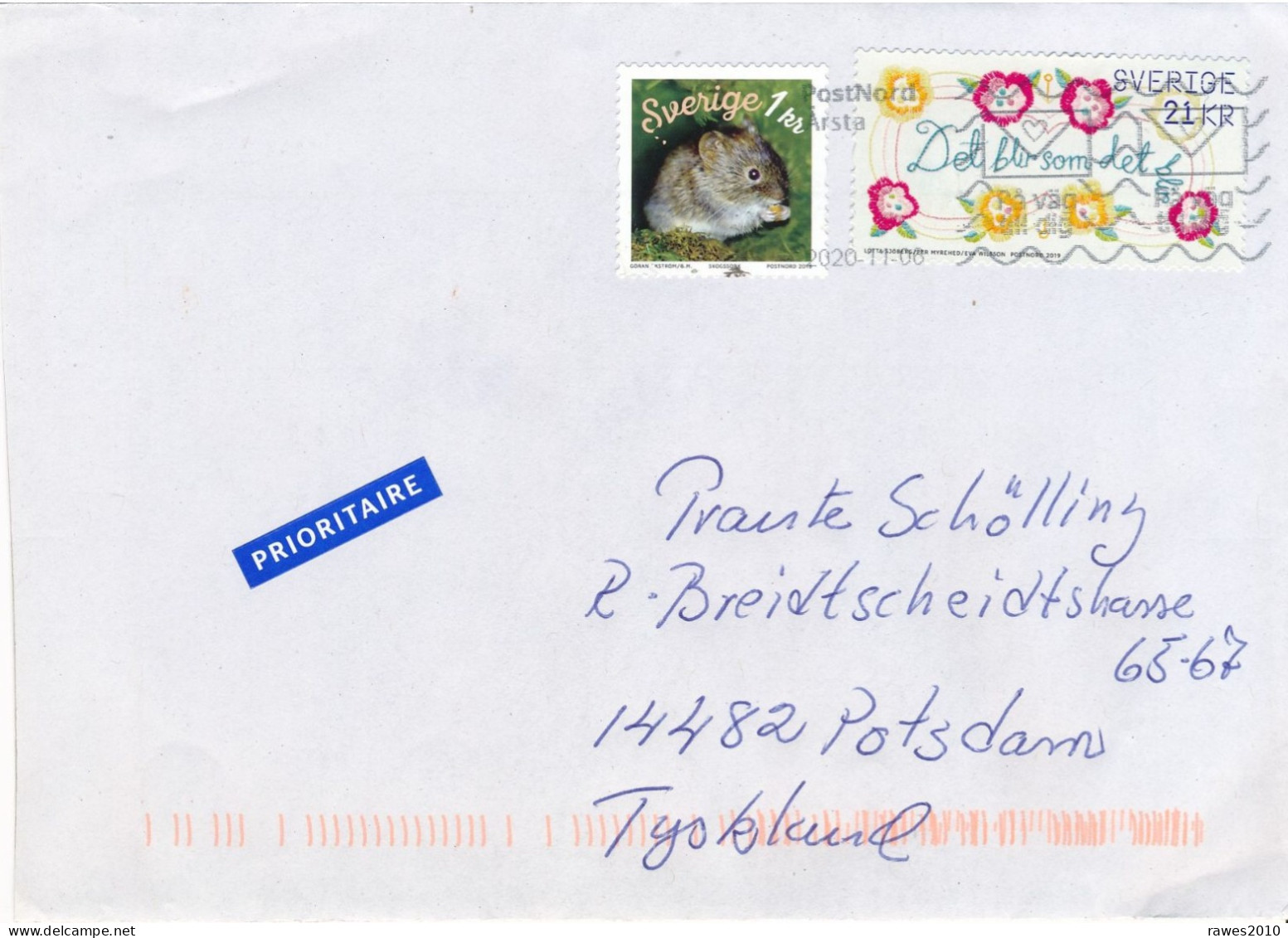 Schweden PostNord Ärsta MWST 2020 Briefumschläge Herz Mi. 3273 Del Blu Som Del + Mi. 3242 Tier Hamster (?) - Cartas & Documentos