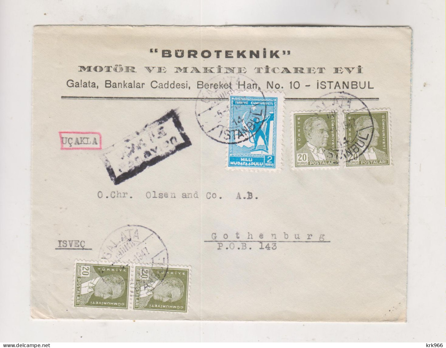 TURKEY 1947 GALATA  Airmail Cover To Sweden - Covers & Documents