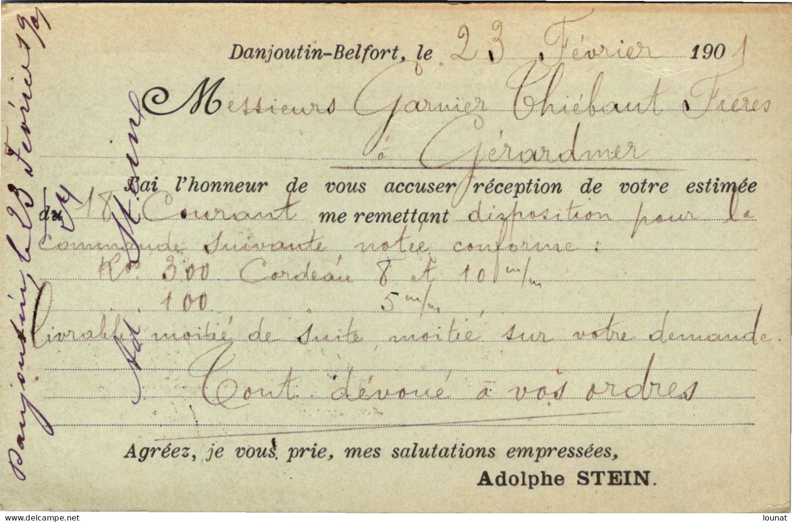 90 DANJOUTIN - Adolphe Stein     - Entiers Postaux Année 1901 - Danjoutin
