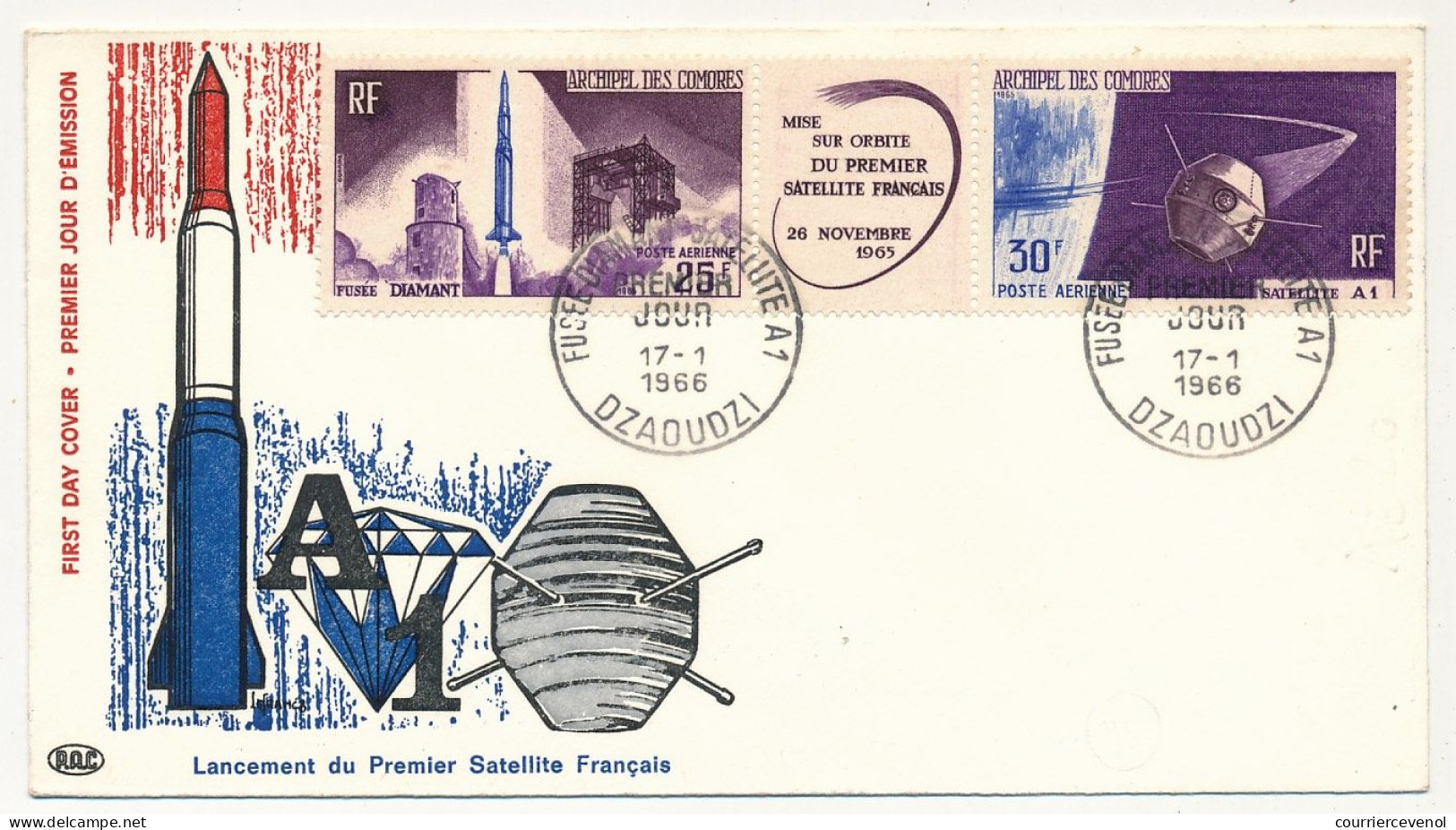 Archipel Des COMORES - Env. FDC - Triptyque Fusée Diamant 1966 - Dzaoudzi - 17/1/1966 - Covers & Documents