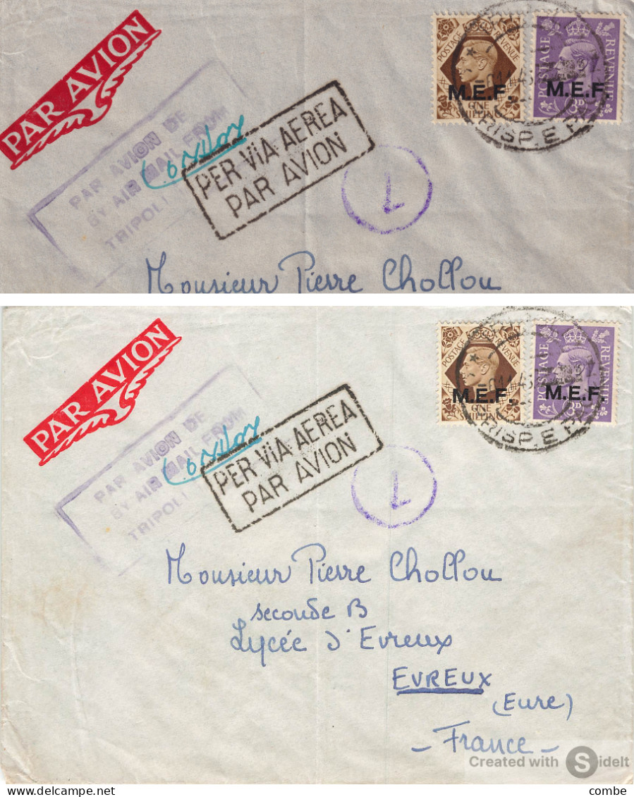 LETTRE. TRIPOLI. M.E.F. 1s ET 3d. GRIFFE VIOLETTE PAR AVION DE/BY AIR MAIL FROM/TRIPOLI. CENSURE.  POUR EVREUX. FRANCE - British Occ. MEF