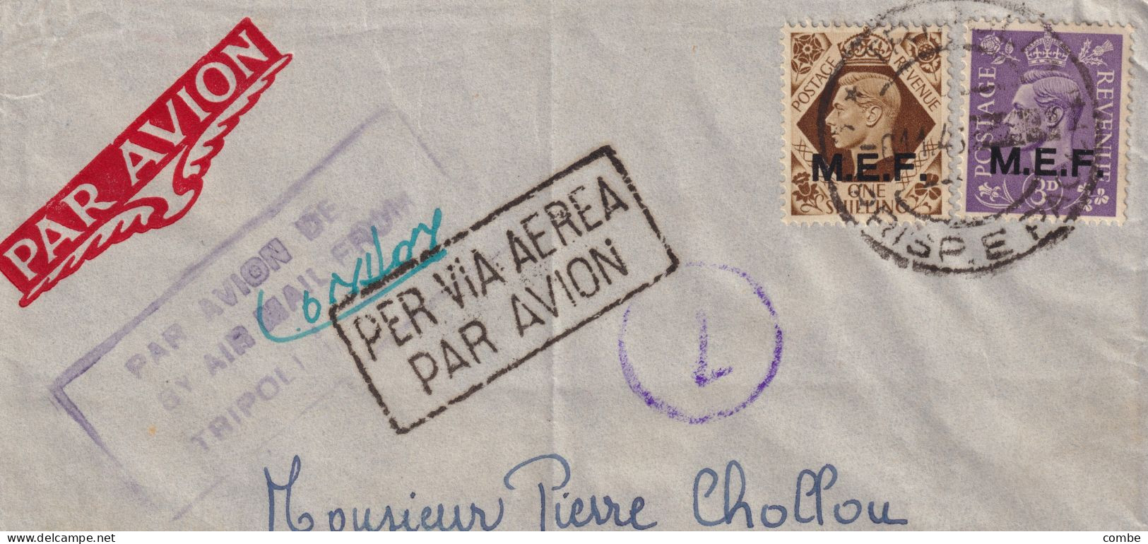 LETTRE. TRIPOLI. M.E.F. 1s ET 3d. GRIFFE VIOLETTE PAR AVION DE/BY AIR MAIL FROM/TRIPOLI. CENSURE.  POUR EVREUX. FRANCE - Occup. Britannica MEF