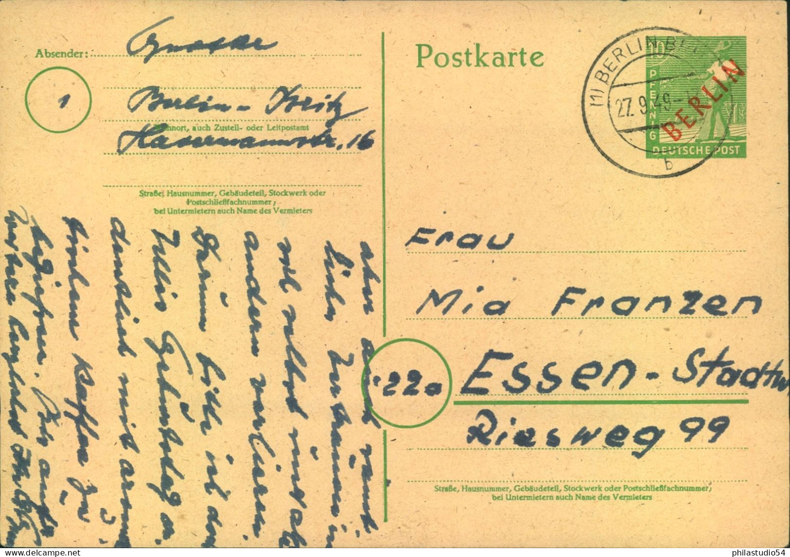 GaNzsachenkarte 10 Pf., Rotaufdruck Ab "BERLIN - BRITZ 27.9.49" - Briefe U. Dokumente