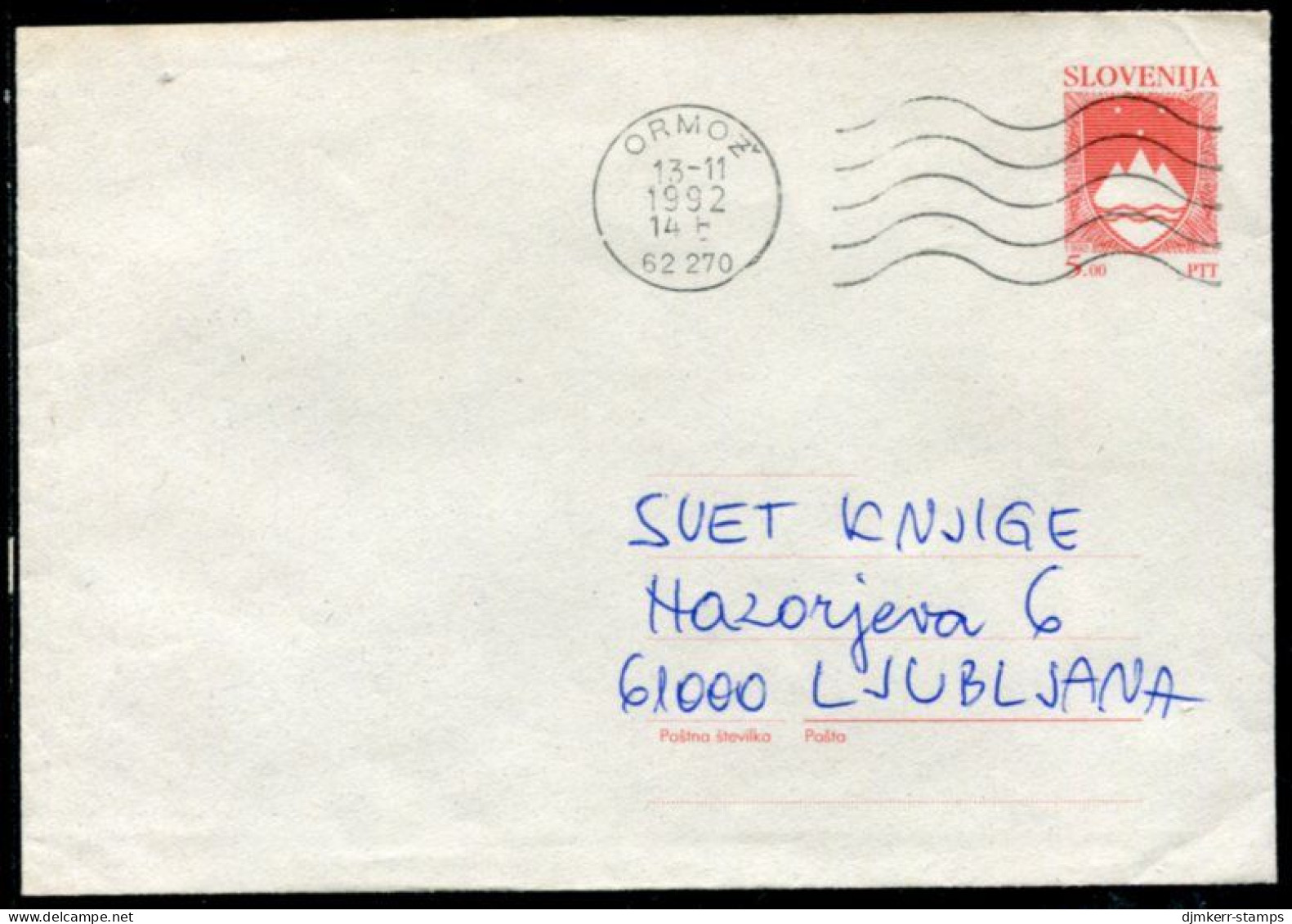 SLOVENIA 1992 5.00 T.  Postal Stationery Envelope On Grey Paper Used.  Michel U1b - Eslovenia