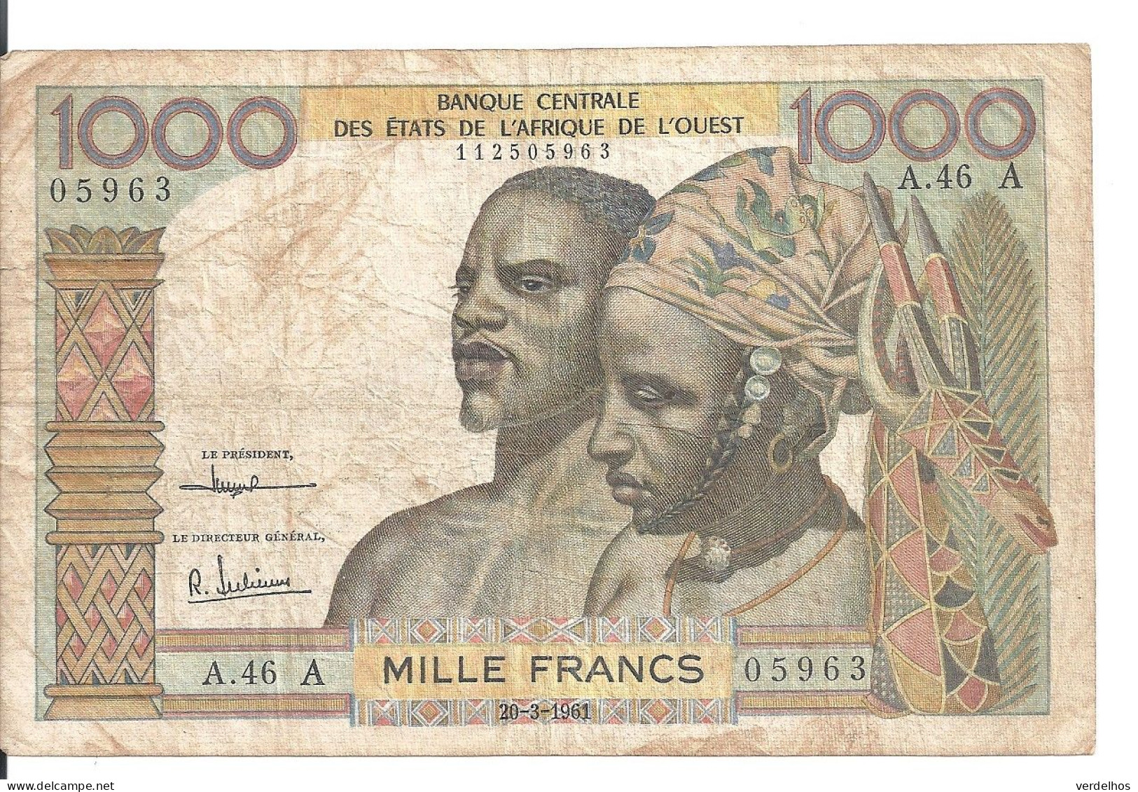 COTE D'IVOIRE 1000 FRANCS 1959-65 VF P 103A L - Costa De Marfil