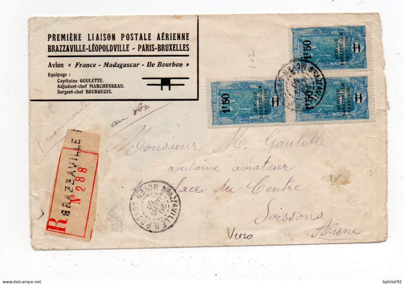 !!! CONGO, 1ERE LIAISON POSTALE AERIENNE BRAZZAVILLE -LEOPOLDVILLE PARIS-BRUXELLES VOL GOULETTE DU 20/3/1930 - Storia Postale