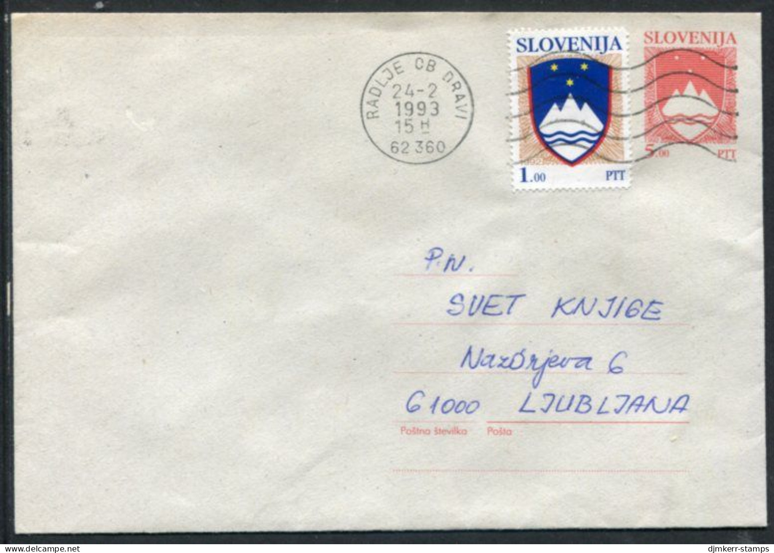 SLOVENIA 1992 5.00 T.  Postal Stationery Envelope On Grey Paper Used With Added 1 T. Stamp.  Michel U1b - Slowenien