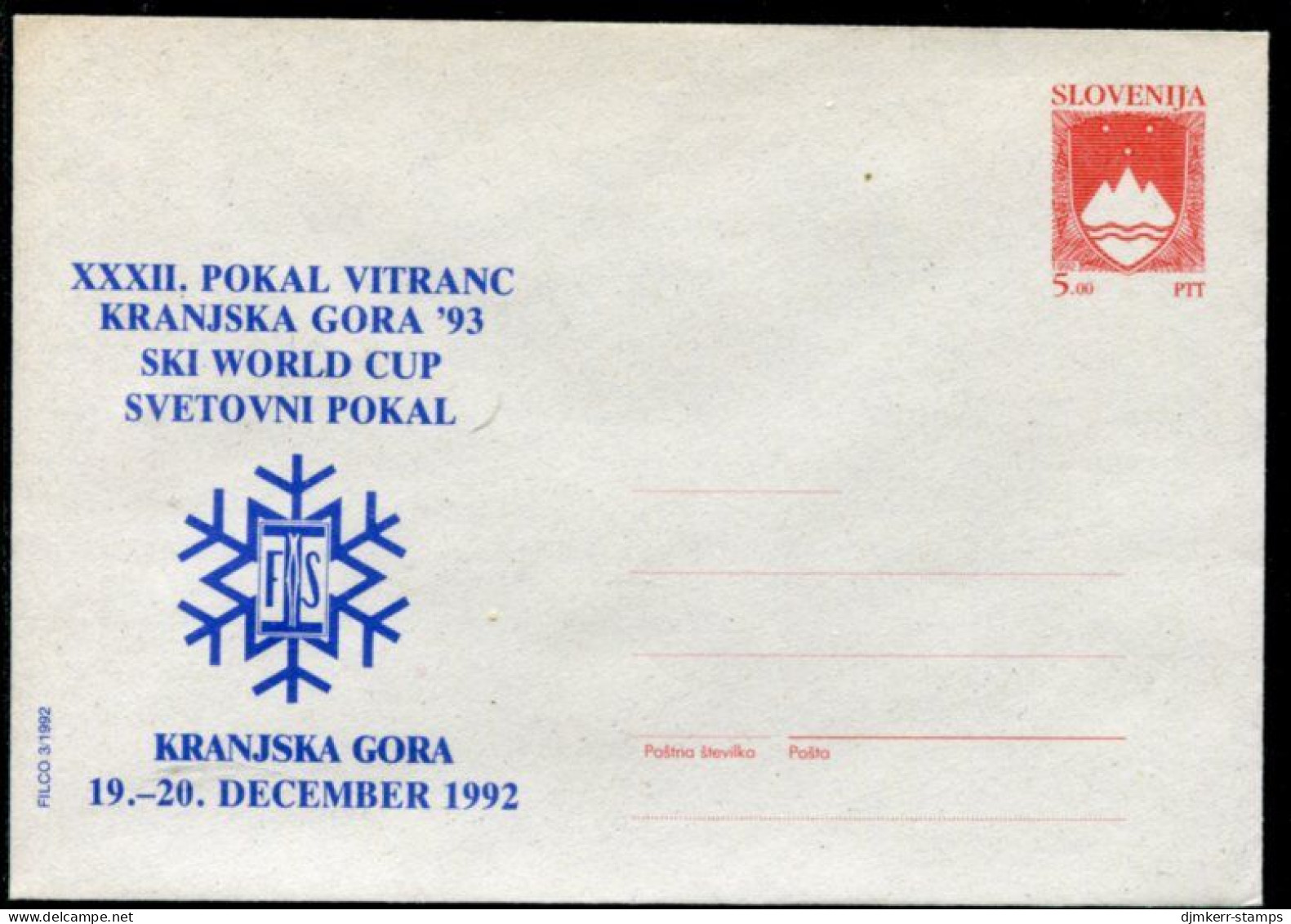 SLOVENIA 1992 5.00 T.  Arms Publicity Postal Stationery Envelope, Unused.  As Michel U1b - Slovénie