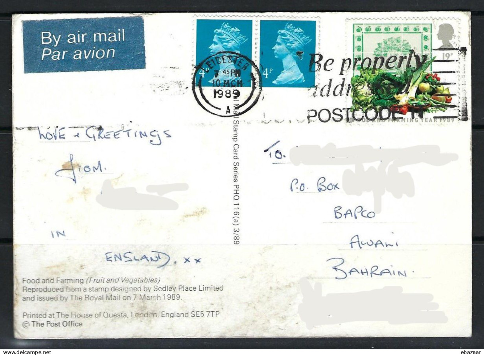 GB England UK Leicester Postcard To Bahrain + Same Stamp On Reverse - Cricket