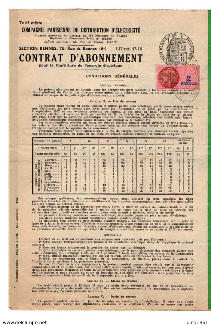 VP22.316 - PARIS 1944 - Cie Parisienne De Distribution D'Electricité - Contrat D'Abonnement - M. HAULEUX - Electricity & Gas