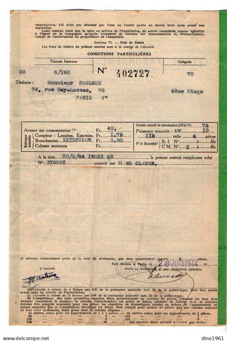 VP22.316 - PARIS 1944 - Cie Parisienne De Distribution D'Electricité - Contrat D'Abonnement - M. HAULEUX - Electricité & Gaz