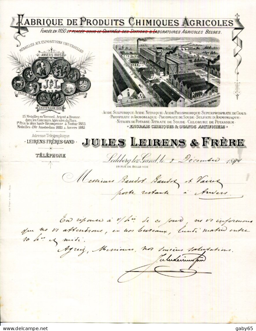 FACTURE.BELGIQUE.LEDEBERG LES GAND.FABRIQUE DE PRODUITS CHIMIQUES AGRICOLES.JULES LEIRENS & FRERE. - Landbouw