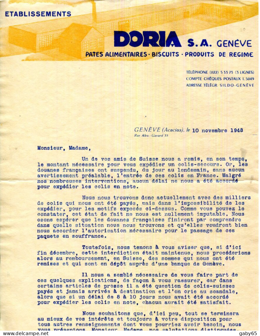 FACTURE.SUISSE.GENEVE.PATES  ALIMENTAIRES,BISCUIT,PRODUITS DE REGIME.Ets.DORIA S.A. 35 RUE ALEX GAVARD. - Schweiz