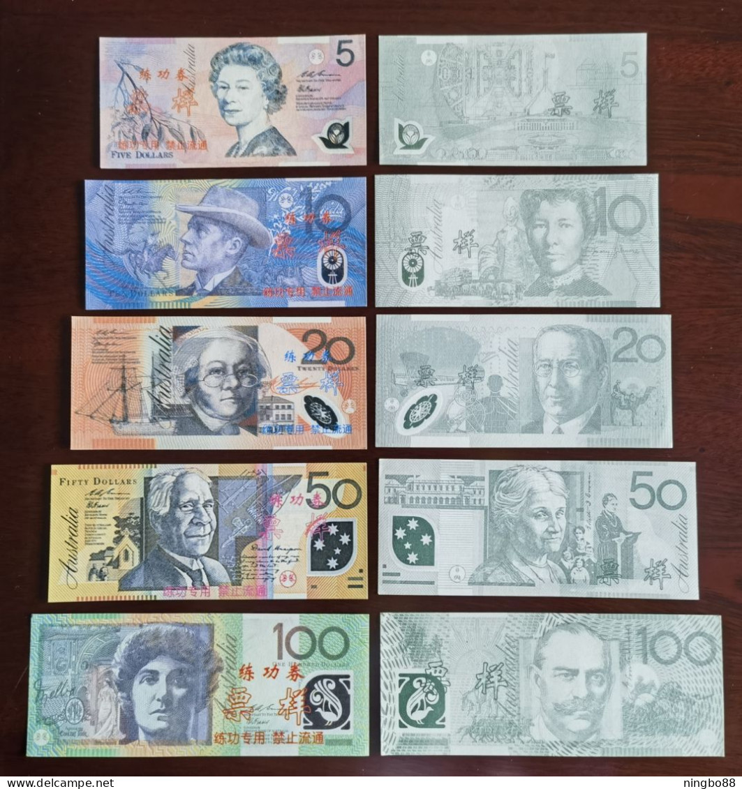 China BOC (bank Of China) Training/test Banknote,AUSTRALIA Dollars B-1 Series 5 Different Note Specimen Overprint - Fictifs & Specimens