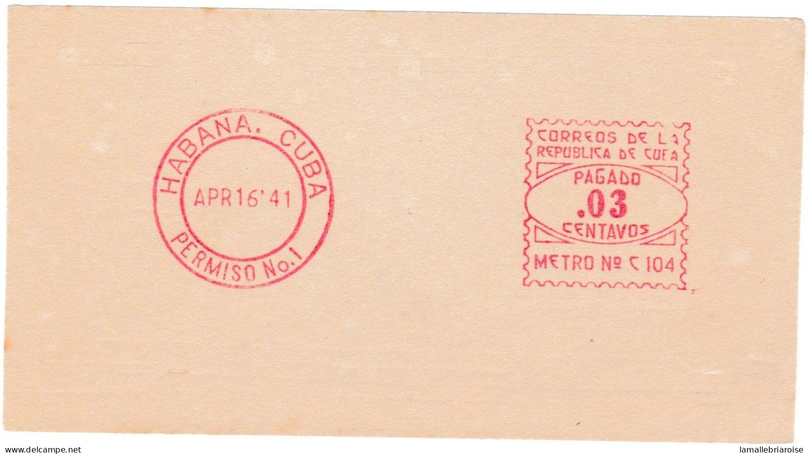 Cuba, Habana, Essai De Machine à Affranchir, 16 Avril 1941 - Imperforates, Proofs & Errors