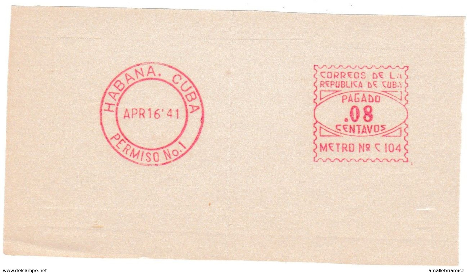 Cuba, Habana, Essai De Machine à Affranchir, 16 Avril 1941 - Imperforates, Proofs & Errors