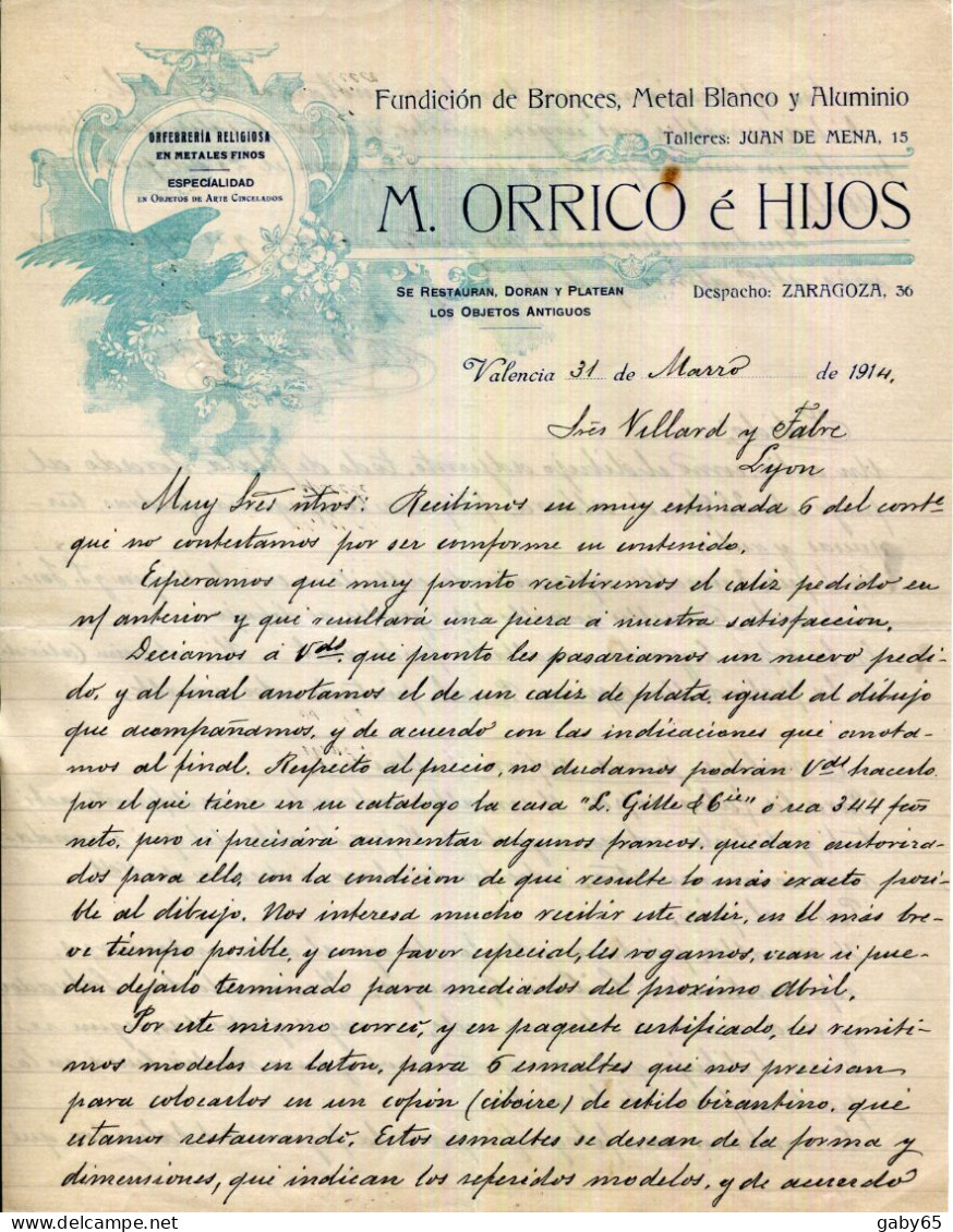 FACTURE.ESPAGNE.VALENCIA.FONDICION DE BRONCES,METAL BLANCO Y ALUMINIO.M.ORRICO É HIJOS. - España