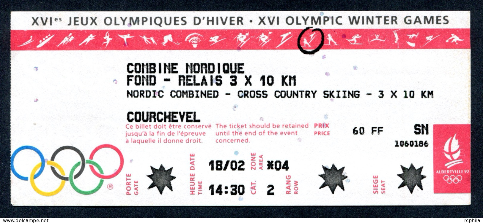 RC 25632 JEUX OLYMPIQUE D ALBERTVILLE 1992 COURCHEVEL BILLET COMBINÉ NORDIQUE SKI DE FOND RELAIS 3 X 10km - Eintrittskarten