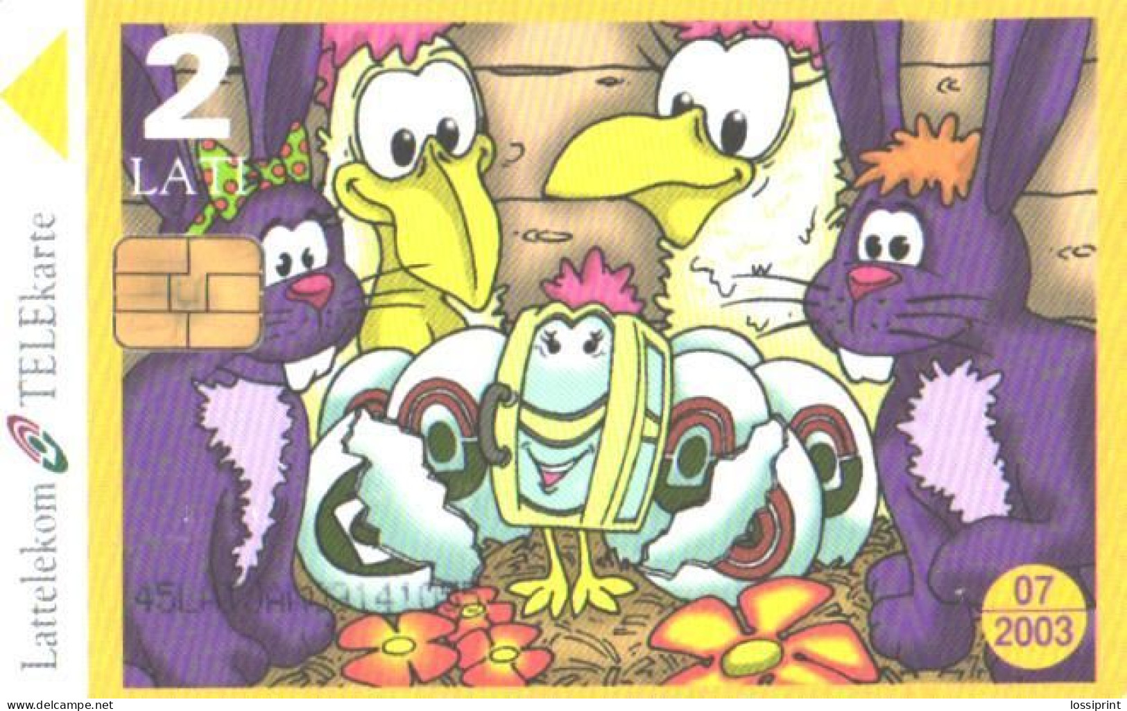 Latvia:Used Phonecard, Lattelekom, 2 Lati, Comics, Chikens, 2003 - Lettonie