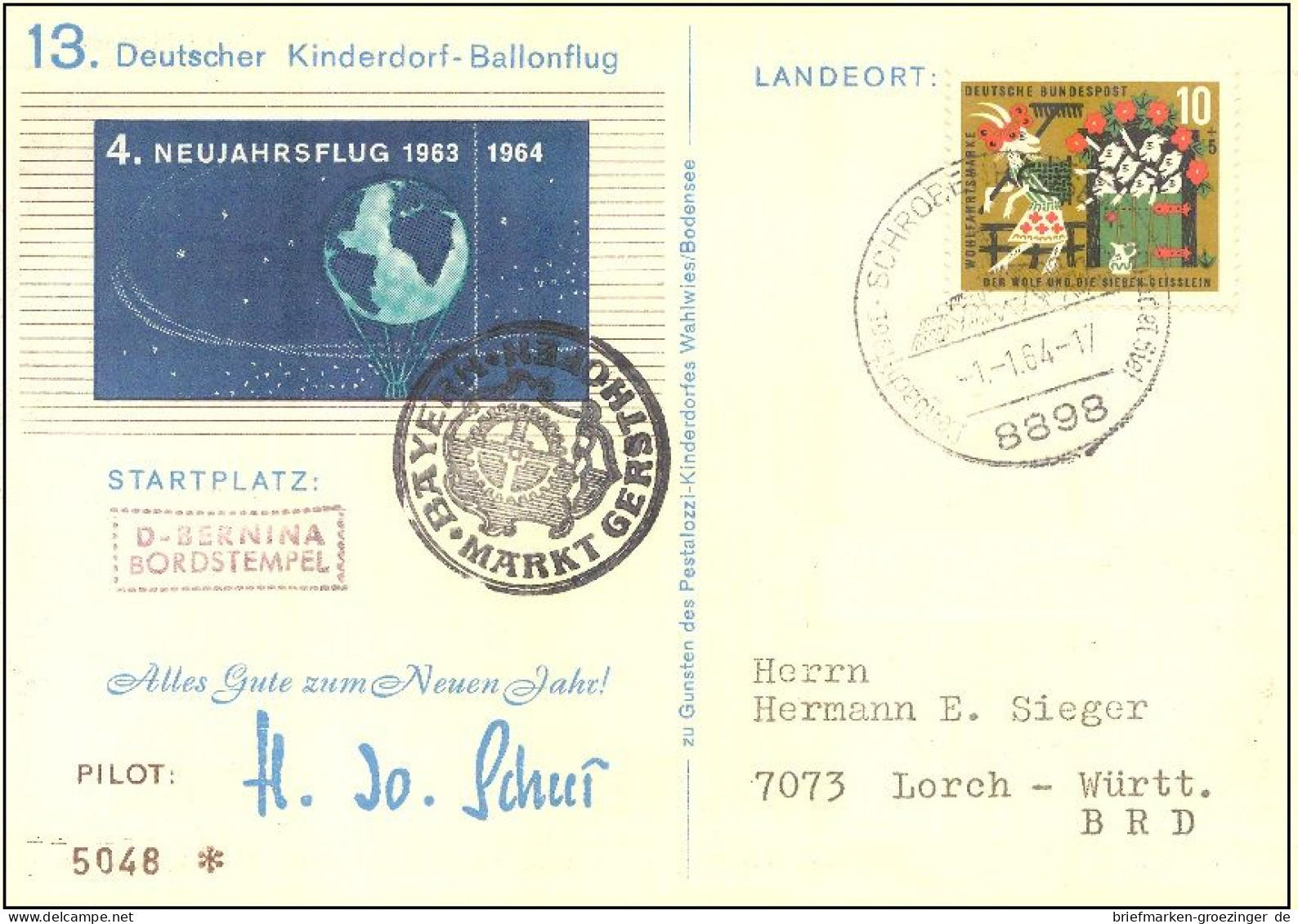 Bund Mi.485 Karte Sst. Kinderdorf-Ballonflug -16-7381 - First Flight Covers