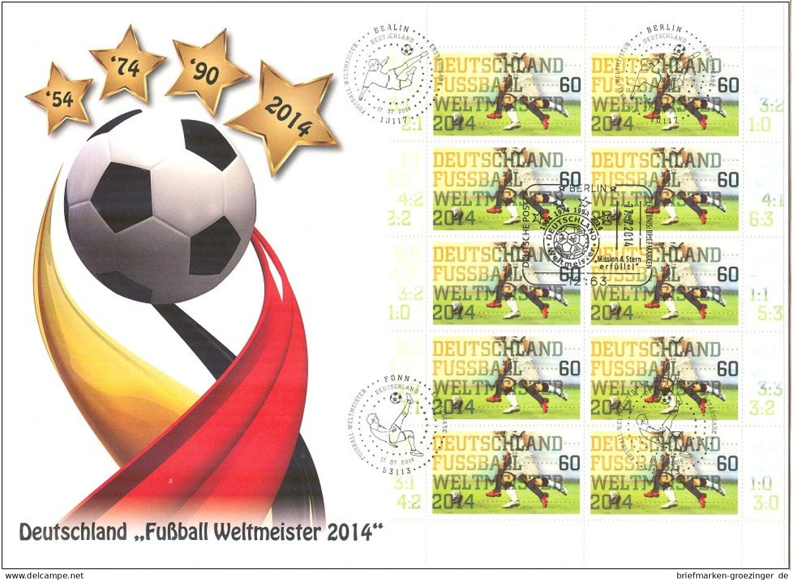 Bund Mi.3095 FDC Zehnerbogen Großformat Fußball-Weltmeister 2014 -16-7358 - 2014 – Brésil