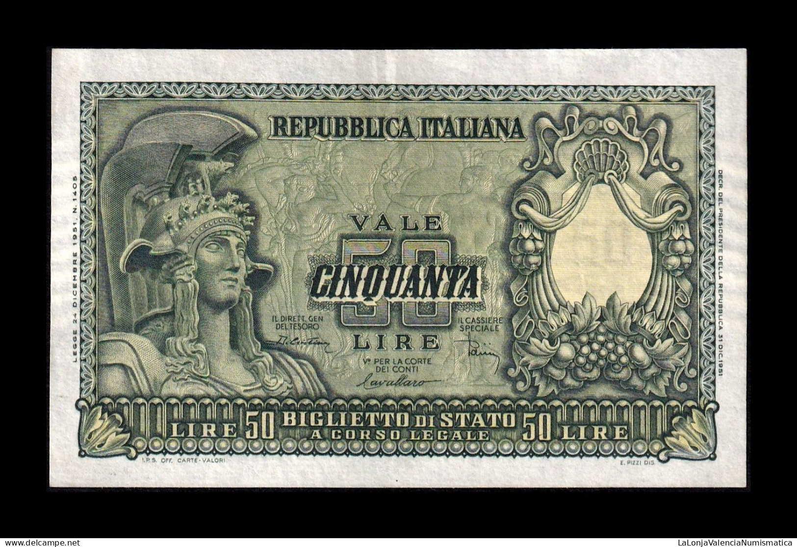 Italia Italy 50 Lire Athena 1951 Pick 91b Ebc Xf - 50 Liras