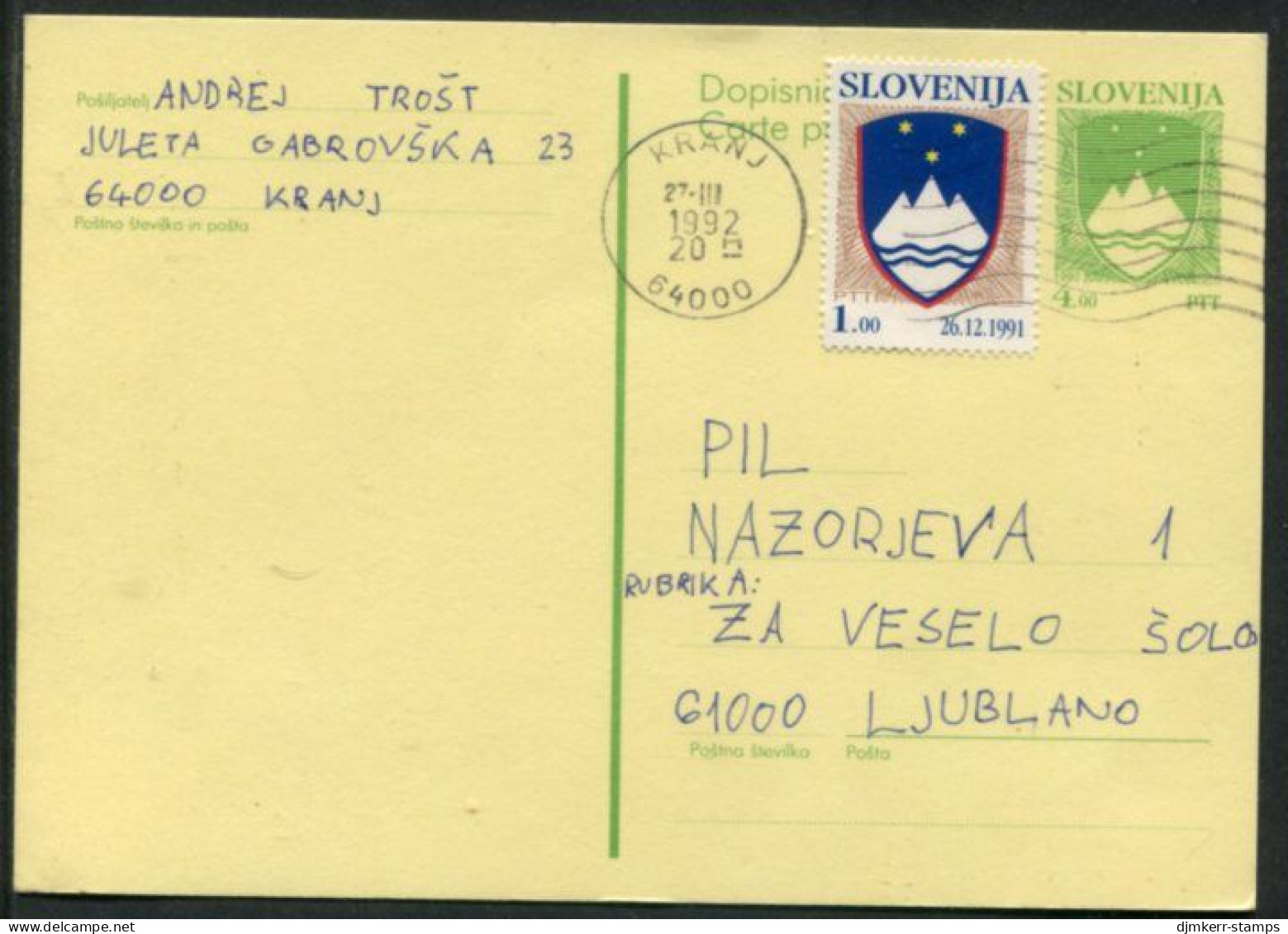 SLOVENIA 1992 4.00 T.  Arms  Stationery Card, Used With Additional 1 T. Stamp.   Michel P1 - Slovenië