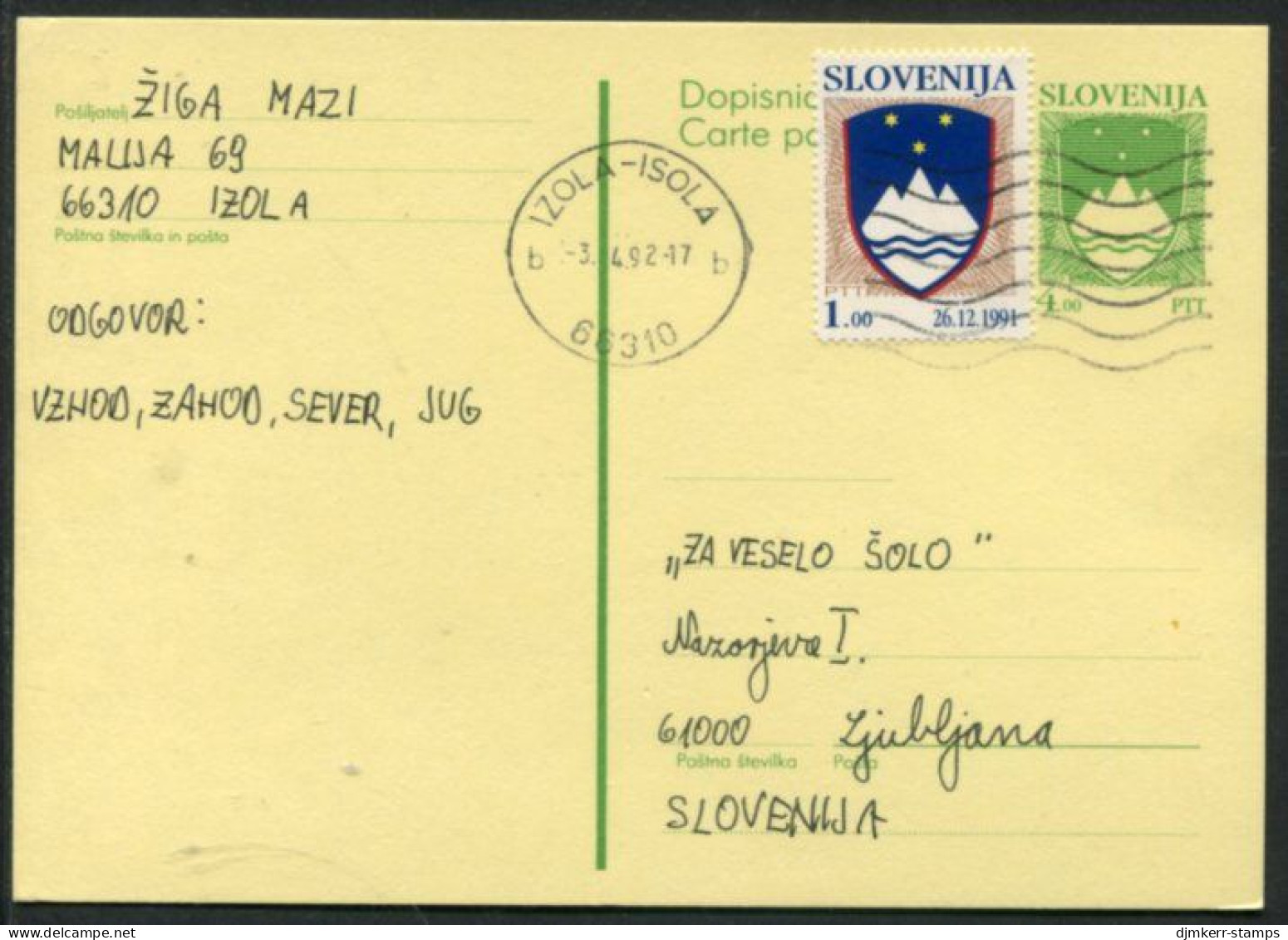 SLOVENIA 1992 4.00 T.  Arms  Stationery Card, Used With Additional 1 T. Stamp.  Michel P1 - Slowenien