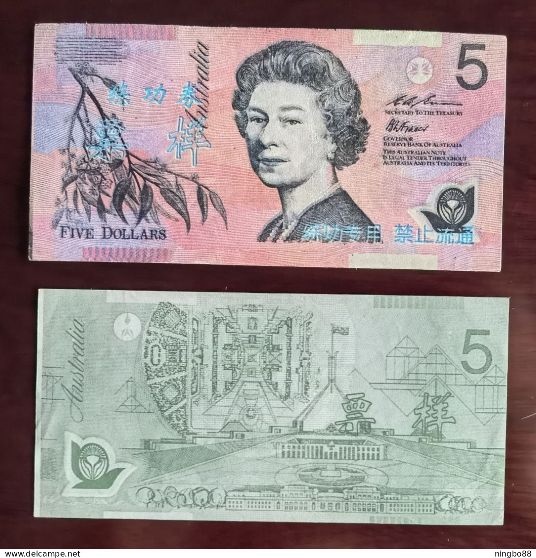 China BOC(bank Of China) Training/test Banknote,AUSTRALIA B-3 Series 5 Dollars Note Specimen Overprint,used - Ficticios & Especimenes