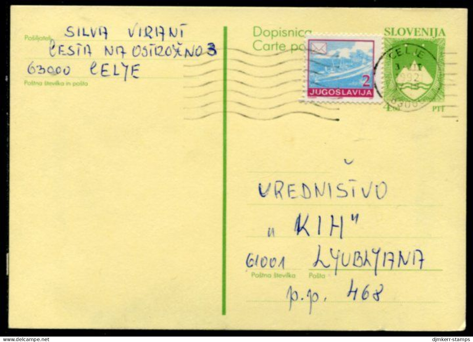 SLOVENIA 1992 4.00 T.  Arms  Stationery Card, Used With Additional Yugoslavia. Stamp. Michel P1 - Slovenia