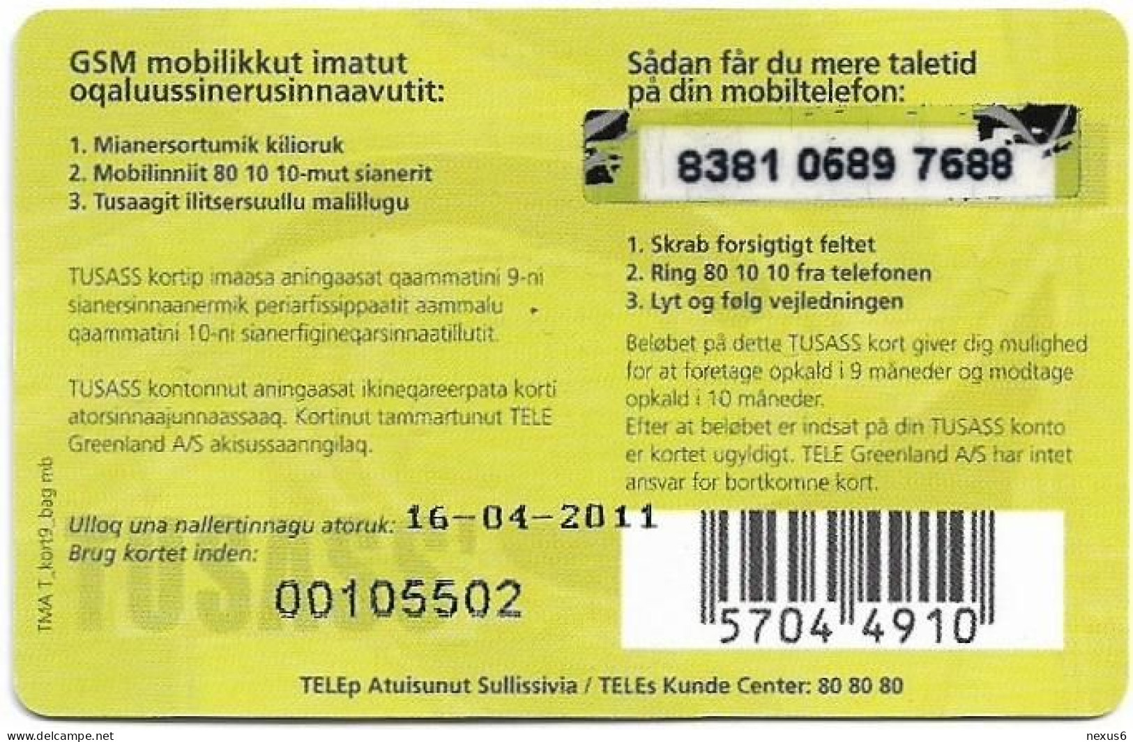 Greenland - Tusass - Www.tele.gl, GSM Refill, 100kr. Exp. 16.04.2011, Used - Groenlandia