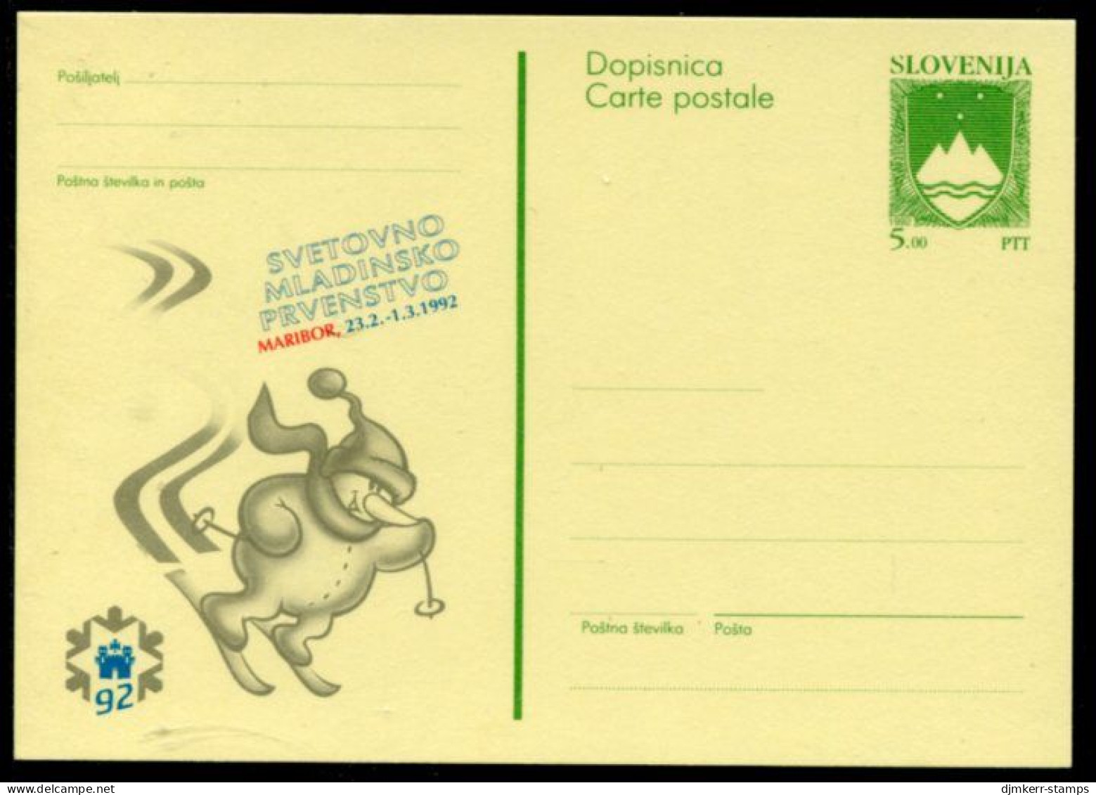 SLOVENIA 1992 5.00 T.  Junior Ski  World Championships Stationery Card, Unused.   Michel P2 - Slovenië