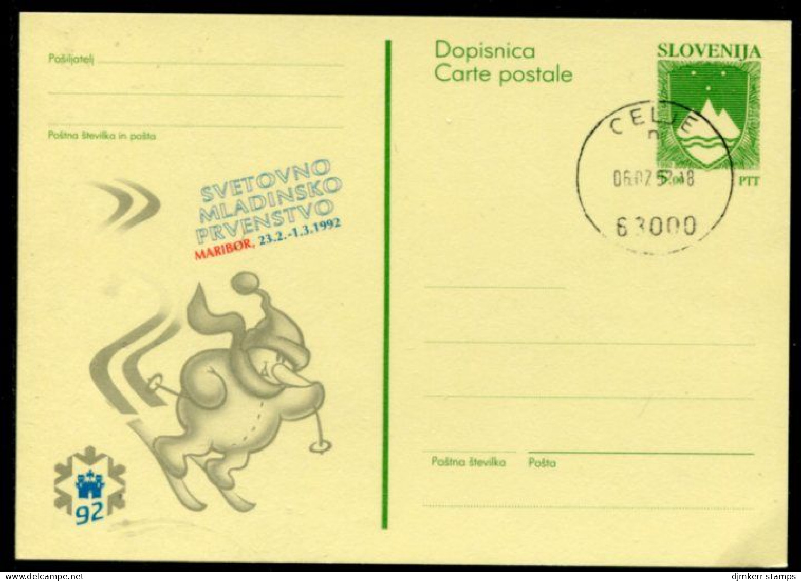 SLOVENIA 1992 5.00 T.  Junior Ski  World Championships Stationery Card,cancelled.   Michel P2 - Slowenien