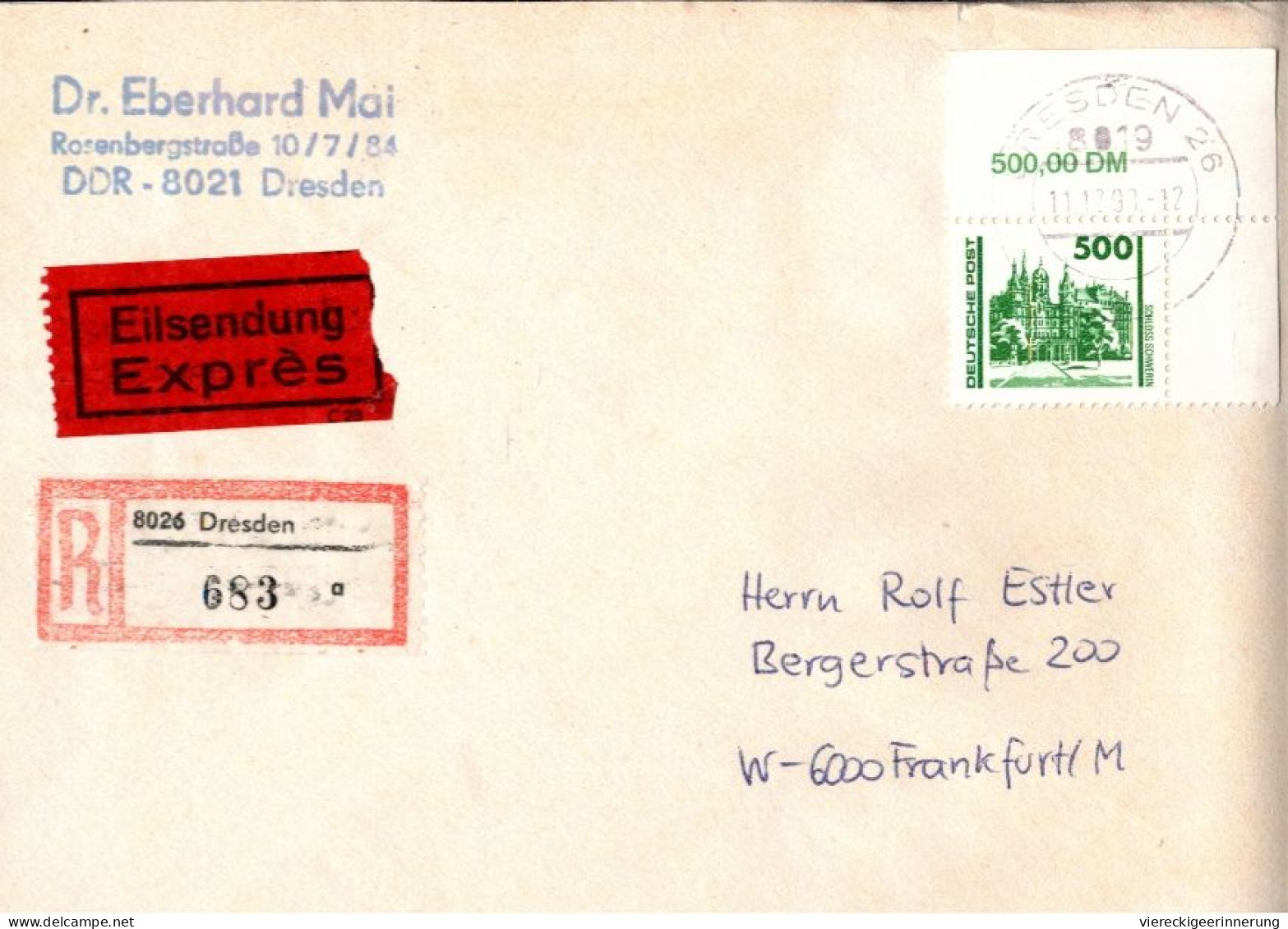 ! VGO 11.12.1990 Schönes Einschreiben Als Eilsendung Von Dresden N. Frankfurt, Eckrandstück 5 DM Schweriner Schloß, 3352 - Lettres & Documents