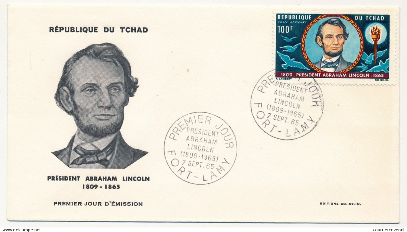 TCHAD => Env FDC - 100F Président Abraham Lincoln - 7 Février 1965 - Fort-Lamy - Tschad (1960-...)