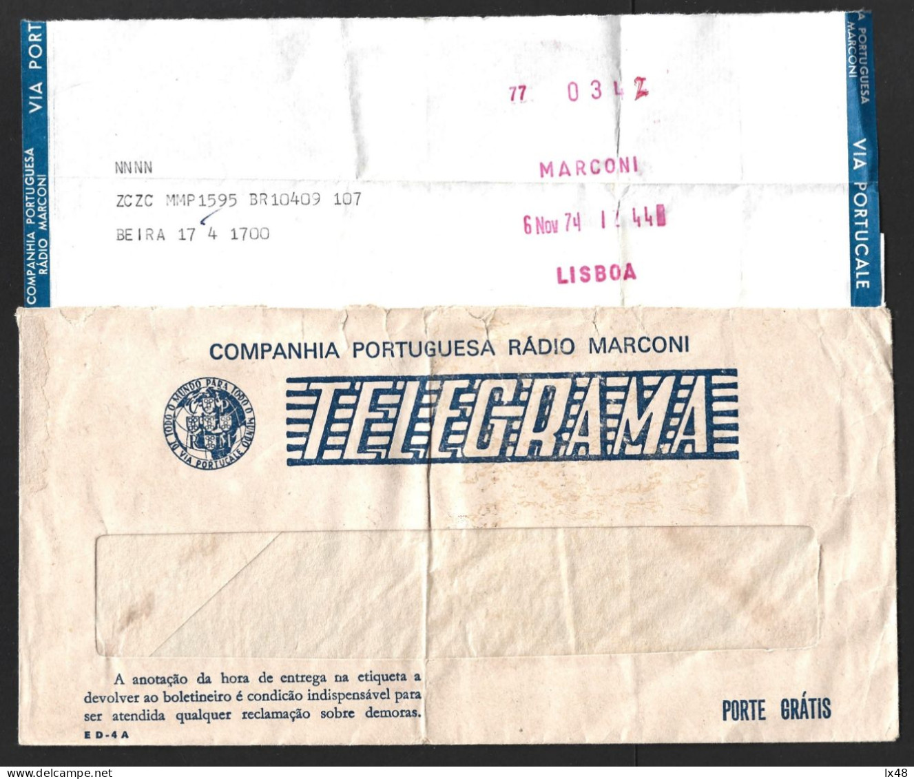 Telegrama Da Rádio Marconi Expedido Da Beira Moçambique Para Lisboa Em 1974. Radio Marconi Telegram Dispatched From Bei - Brieven En Documenten