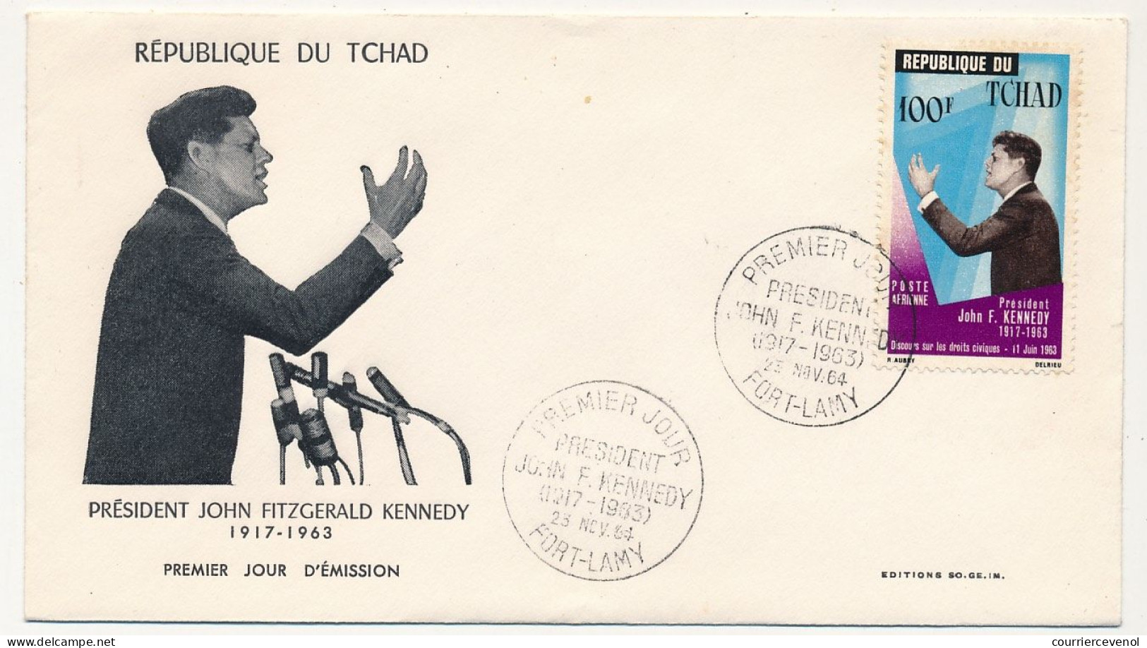 TCHAD => Env FDC - 100F Président John F. Kennedy - 23 Nov 1964 - Fort-Lamy - Tschad (1960-...)