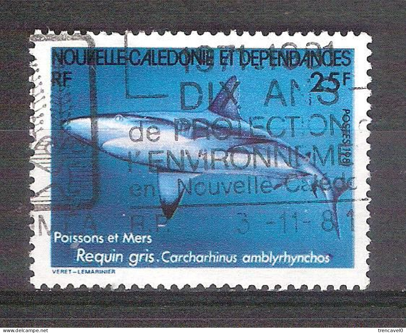 Nueva Caledonia 1981-1 Sello Usado -Tiburon Gris De Arrecife (Carcharhinos Amblyrhyhchos)-Matasello Especial - Usati