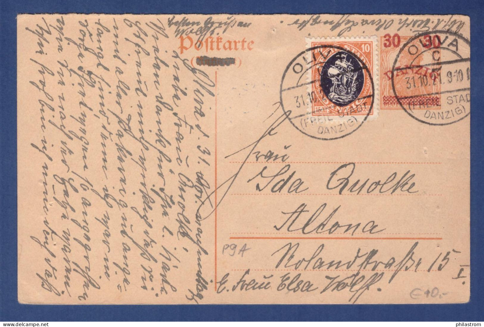 Danzig Postkarte - Ganzsache P9A  - Oliva 31.10.21  (2YQ-212) - Postal  Stationery