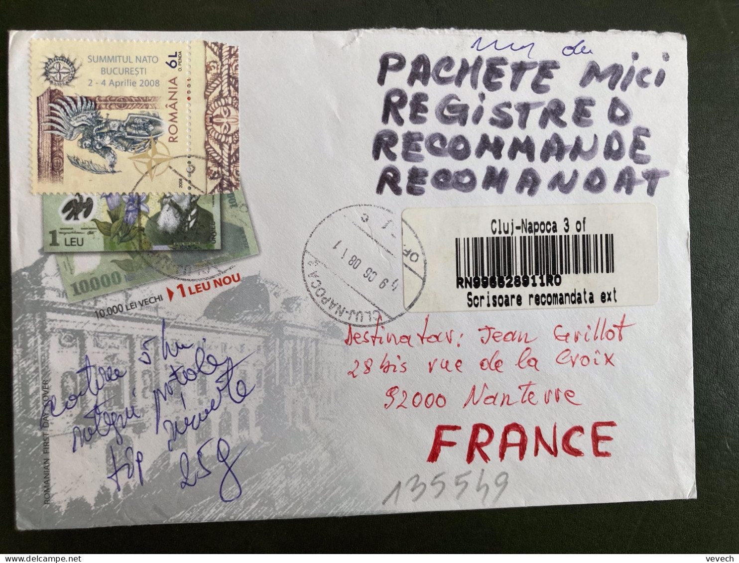 LR Pour La FRANCE TP 6L + 40 B Paire OBL.9 06 08 CLUJ NAPOCA + VIGNETTE R IMPORT FRANCE A FLASHER - Cartas & Documentos
