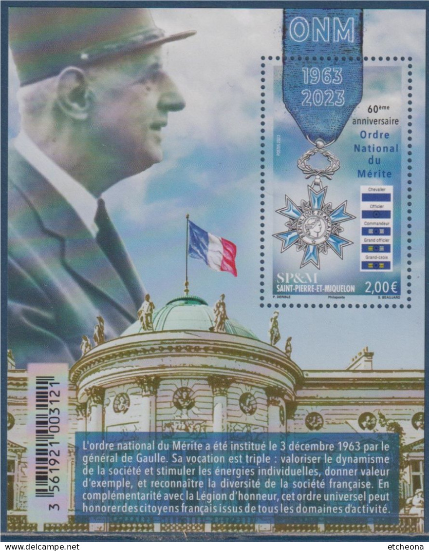 Ordre National Du Mérite Créé Par Le Général De Gaulle Bloc 1 Timbre Neuf Saint Pierre Et Miquelon - Blokken & Velletjes