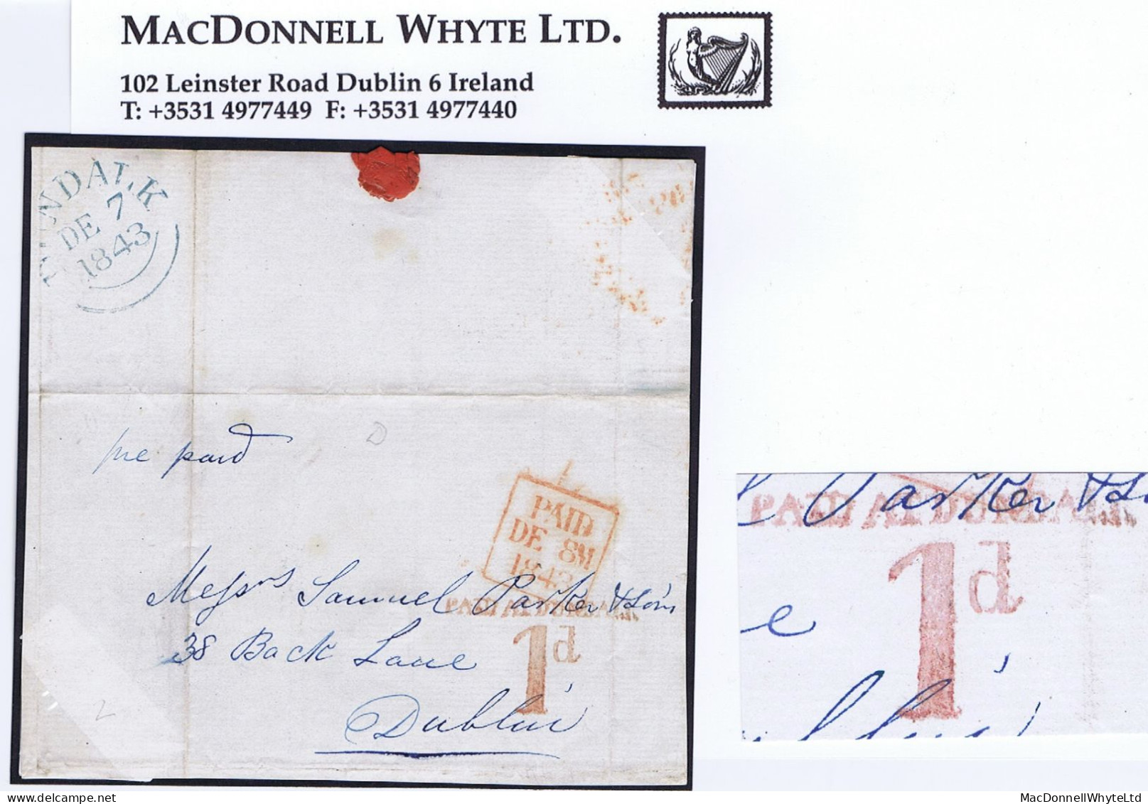 Ireland Louth Uniform Penny Post 1843 Front And Part Back To Dublin Large Distinctive UPP Hs PAID AT DUNDALK/1d, - Prefilatelia