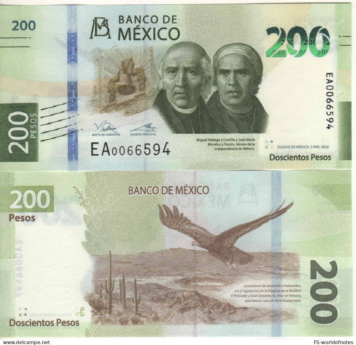 MEXICO   New  200 Pesos  PW135   Issued  DATED  5-1-2022 Bell, Miguel Hidalgo Y Costilla, José María Morel + Eagle  UNC - Mexique